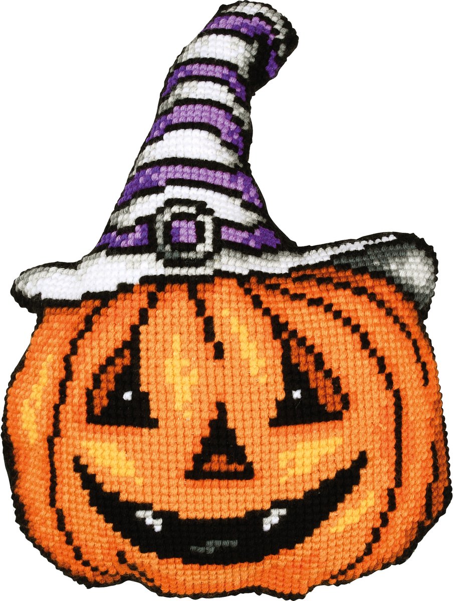 Vervaco - Kruissteekvormkussen kit met rug Happy pumpkin - PN-0216268 - Borduren - Borduurpakket - Borduurpakket volwassenen - Borduurpakket kind