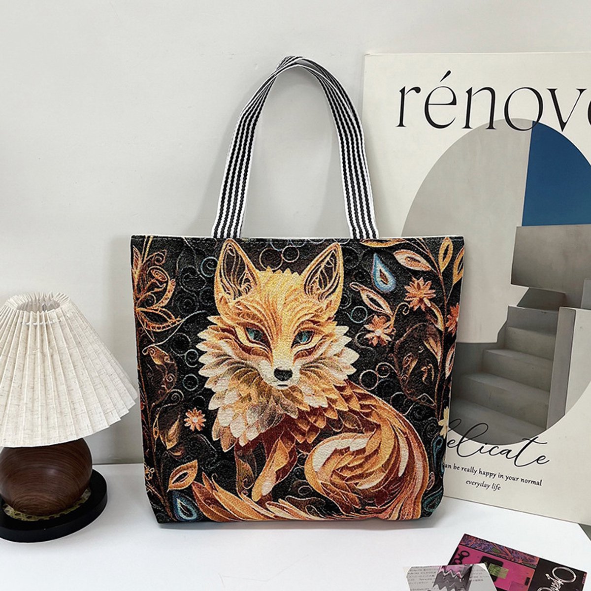 Canvas dames tote tas - 3D geborduurde vlinders - groot formaat - afmetingen 44 x 37 x 9 cm-Gouden vos