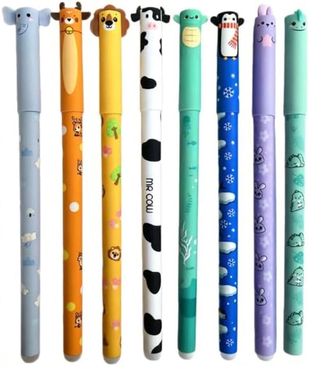 Uitwisbare gelpen 0,7 mm met diermotieven, set van 8, verschillende inkt - ShopVlot