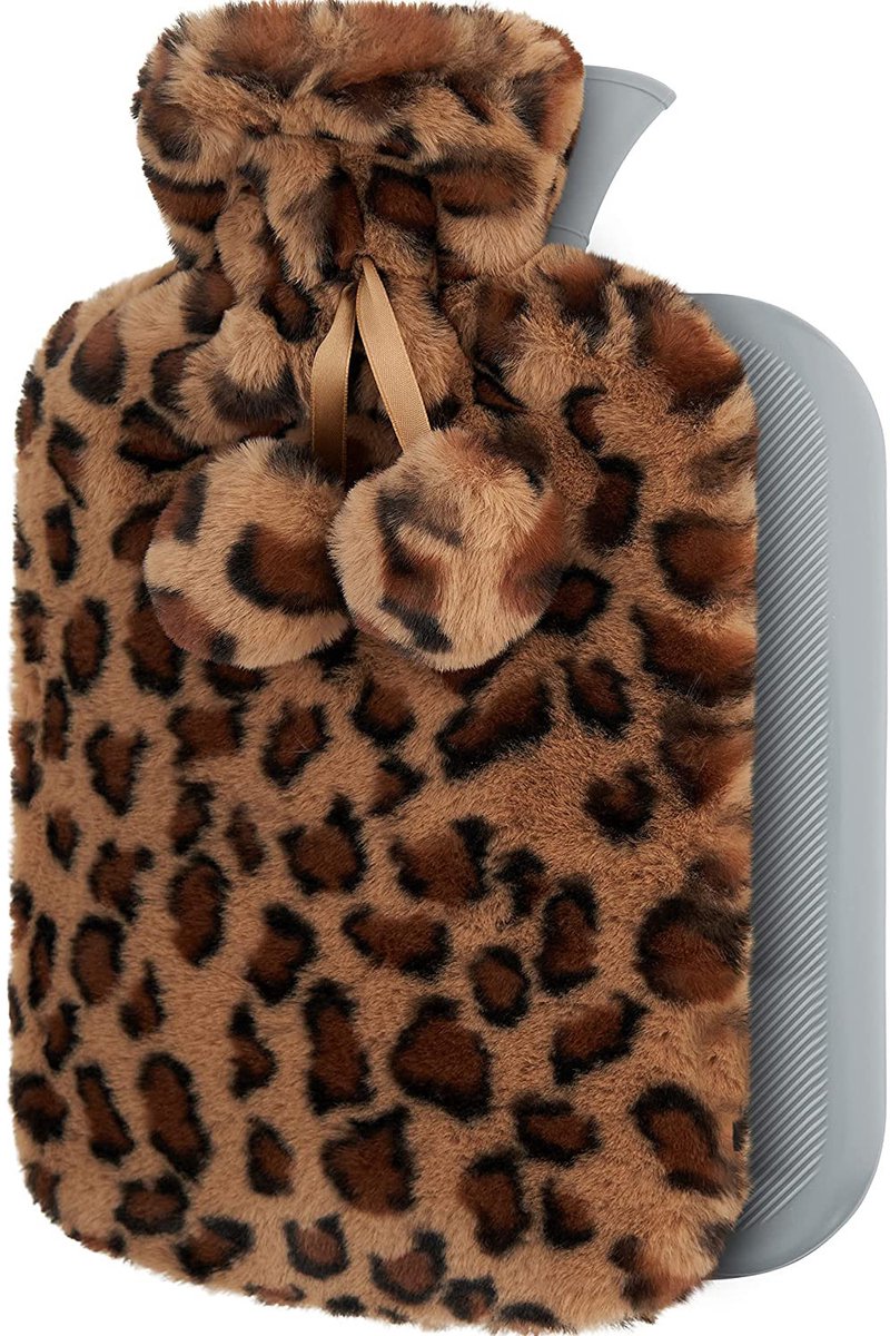 Warmwaterkruik met Hoes - Zachte Premium Pluche Hoes - 1,8 L Kruik - Warmwaterkruik voor Pijnverlichting van Rug, Nek en Schouderklachten - Ideaal Cadeau - Bruine Luipaardprint