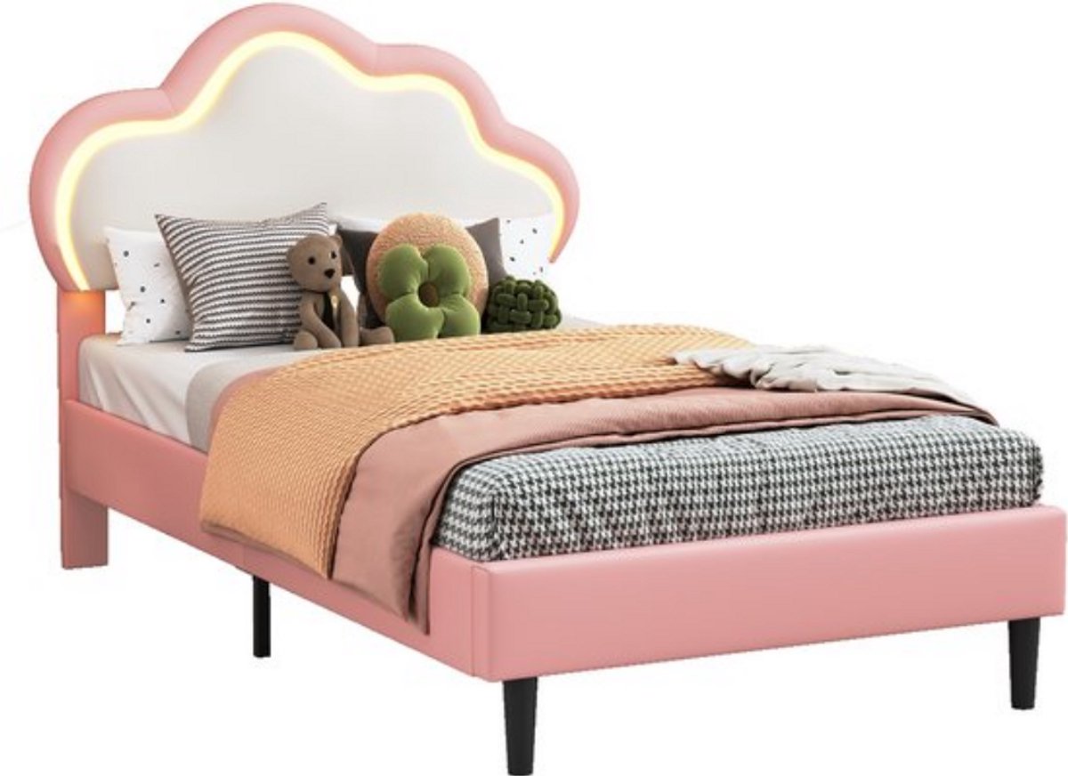 Gudalio Bed - eenpersoonsbed - Bedframe - 90x200 - LED - Verstelbaar Hoofdeinde - Wolkvorm - Kunstleer - Gestoffeerd - Roze