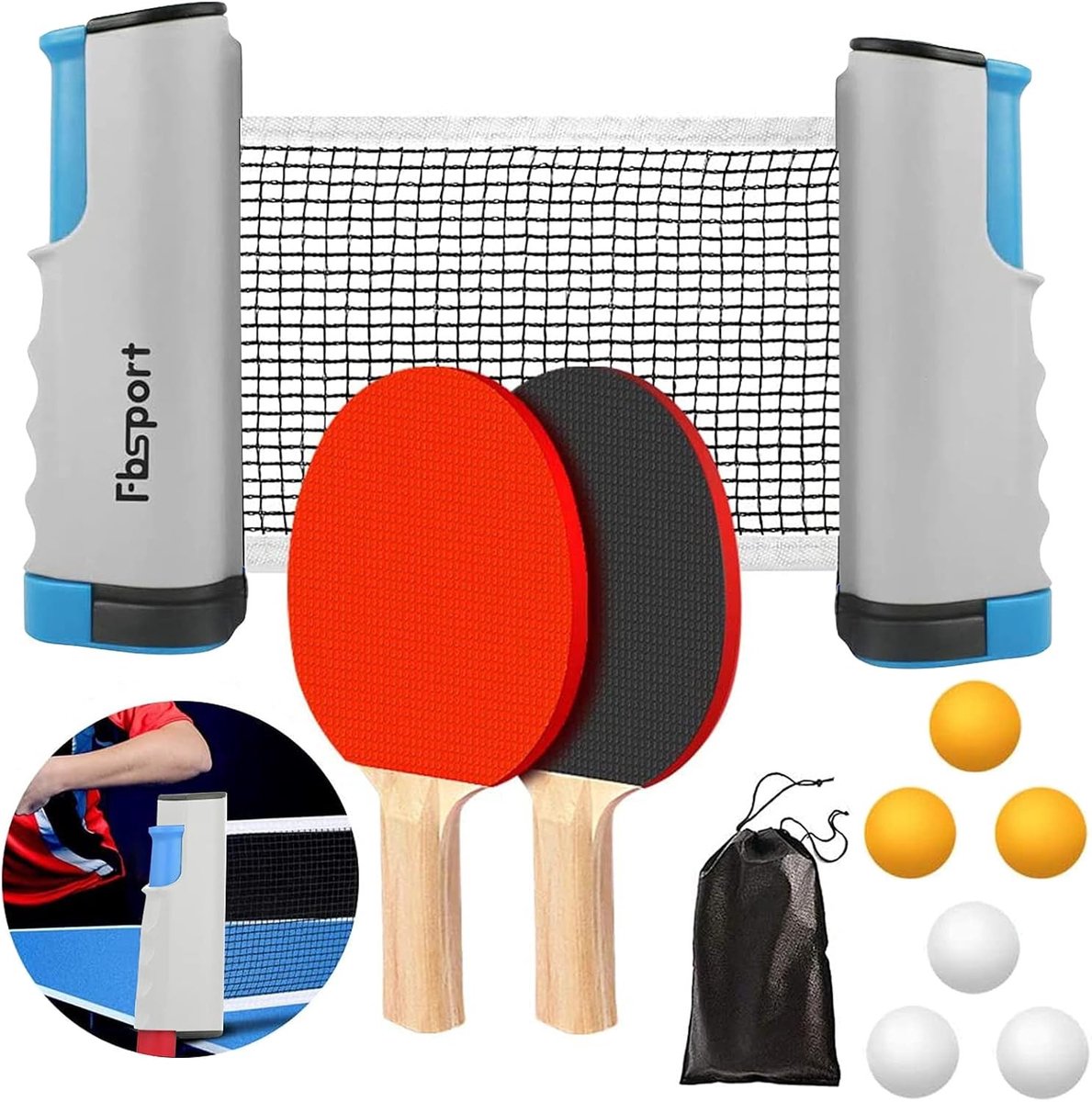 Tafeltennisnetje voor elke tafel - Grijs - Complete set met 2 batjes, 6 ballen en intrekbaar net - Voor kinderen en volwassenen