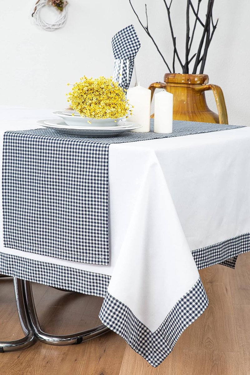 Tafellaken 175x270 - 100% katoen - Vichy rand - Compleet met servetten en lopers - ShopVlot