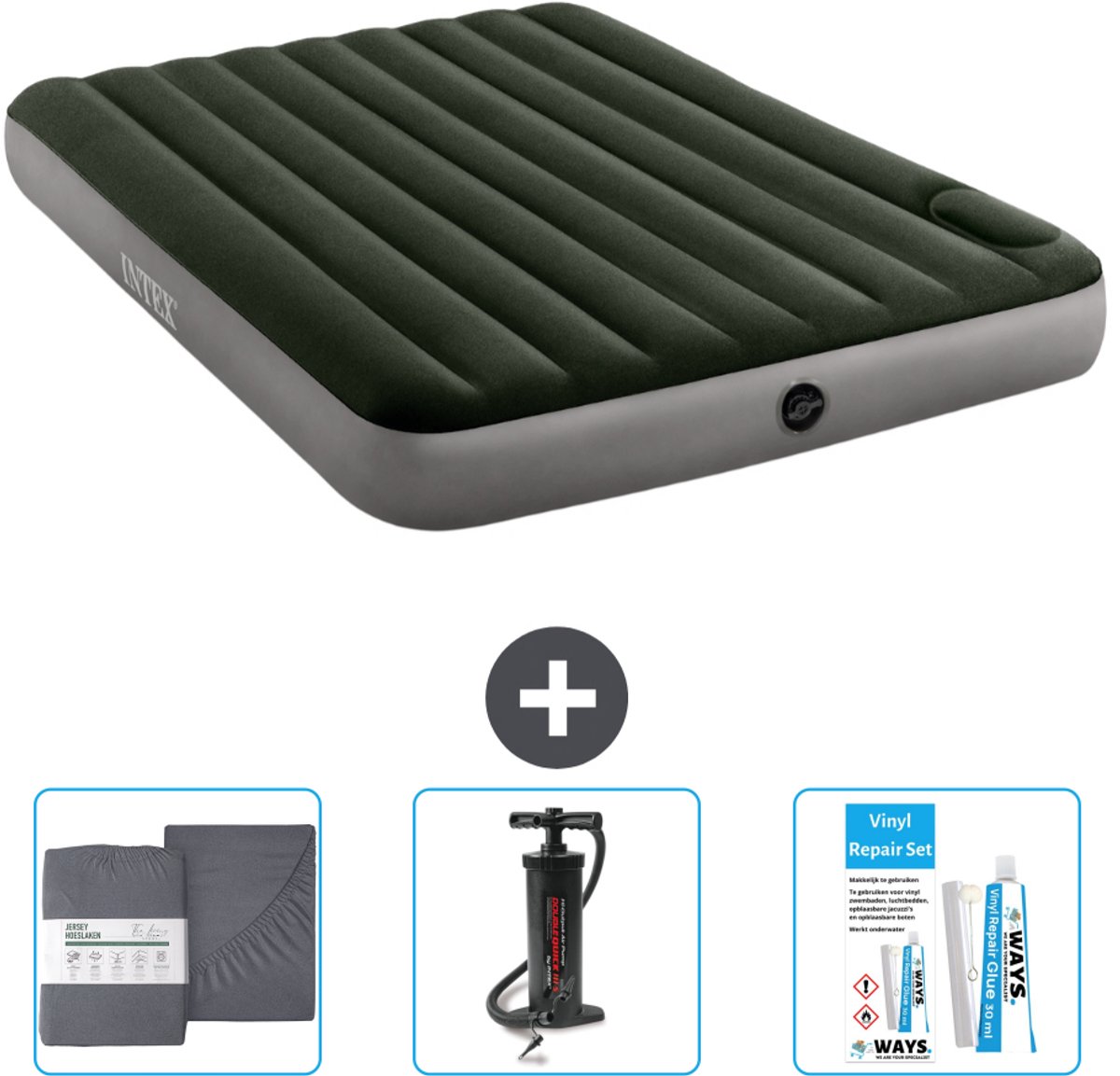 Intex Luchtbed - 2-Persoons - 152 x 203 x 25 cm - Groen - Hoeslaken - Pomp en Reparatieset