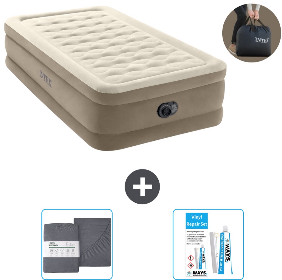 Intex Luchtbed - 1-Persoons - 99 x 191 x 46 cm - Beige - Inclusief pomp - Accessoires CB20