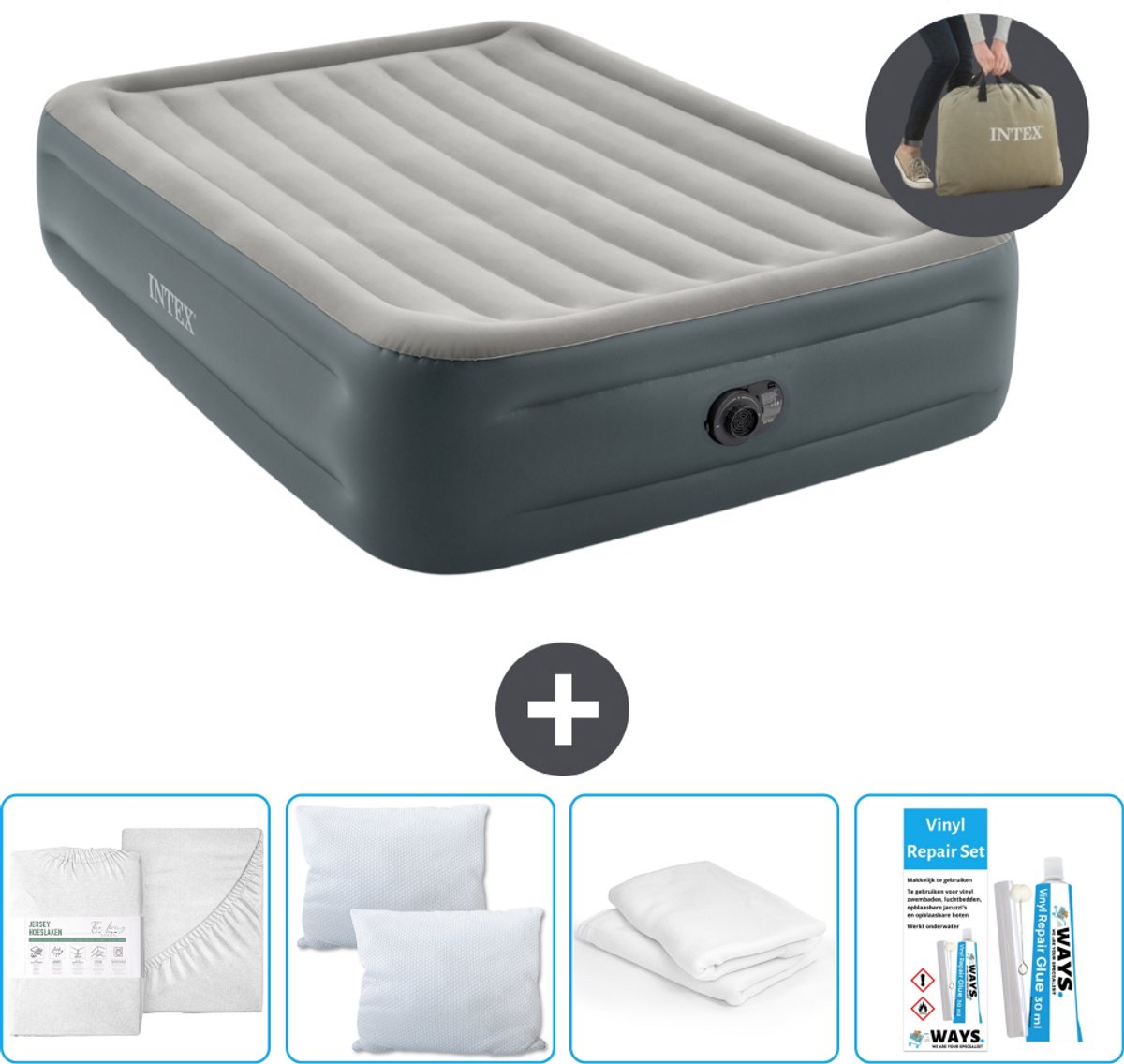 Intex Luchtbed - 2-Persoons - 152 x 203 x 46 cm - Grijs - Inclusief pomp - Hoeslaken - Kussen - Reparatieset en Kussenbeschermer