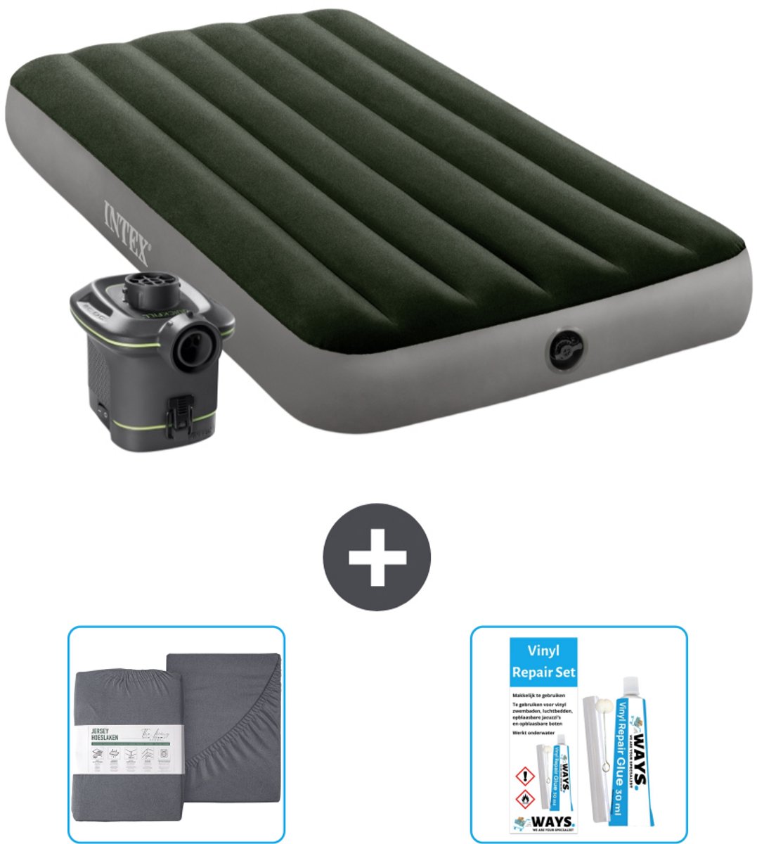 Intex Luchtbed - 1-Persoons - 99 x 191 x 25 cm - Groen - Inclusief pomp - Hoeslaken en Reparatieset