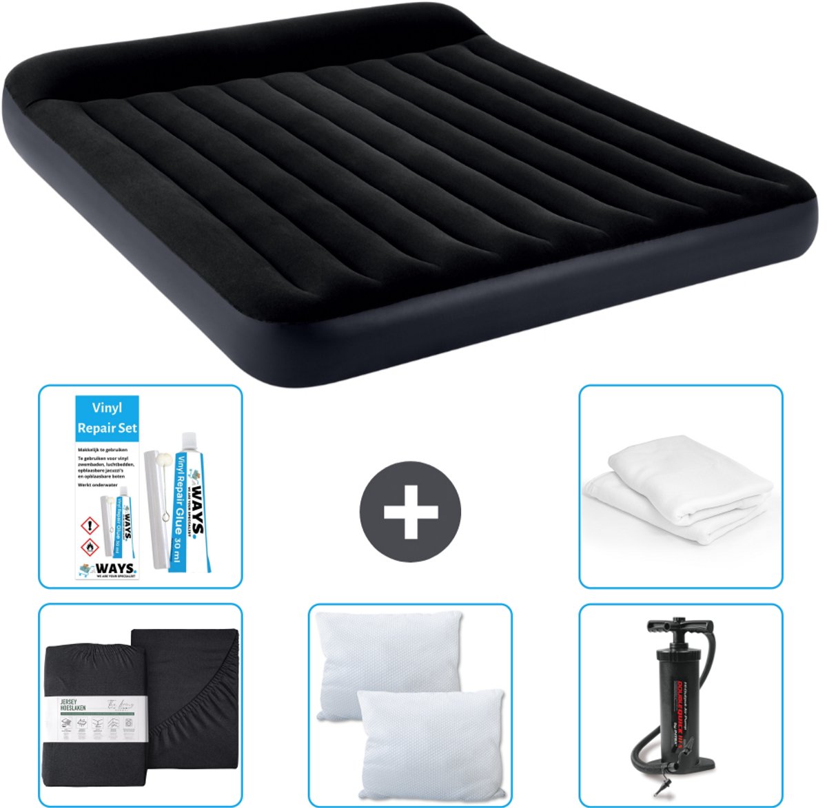 Intex Luchtbed - 2-Persoons - 183 x 203 x 25 cm - Donkerblauw - Inclusief Hoeslaken - Kussen - Pomp - Reparatieset en Kussenbeschermer