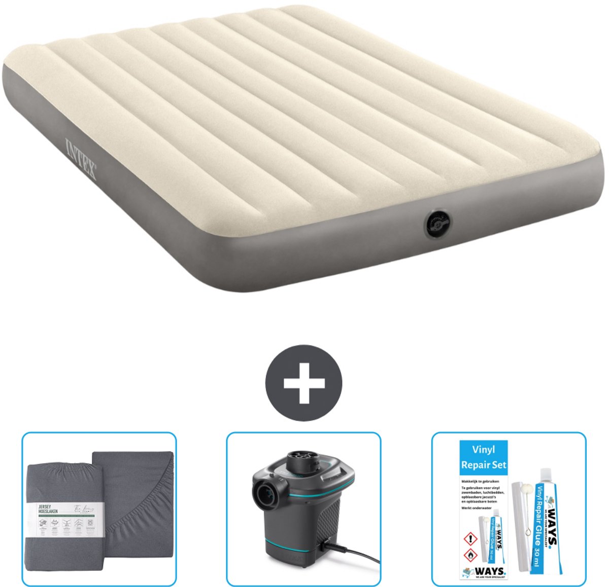 Intex Luchtbed - 2-Persoons - 152 x 203 x 25 cm - Beige - Inclusief Hoeslaken - Pomp en Reparatieset