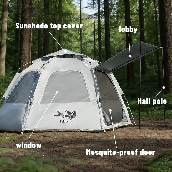 Outdoor Camping Tent - Gemakkelijk Pop-Up Tent - familietent - Draagbare Outdoor Wandelrugzak - winddicht3-4 Persoons - dakraam en 2 deuren met palen — afbeelding 2
