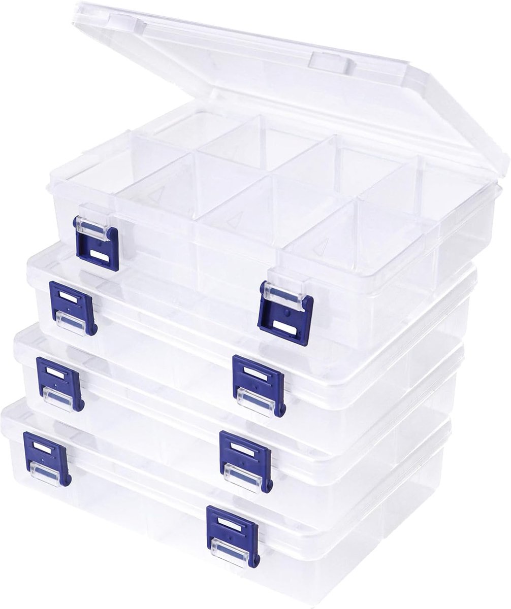 MUNGHOK 4 stuks opbergdozen met 8 vakken, kunststof, kleine opbergdoos, verstelbare vakken, sorteerdoos, doorzichtige - ShopVlot