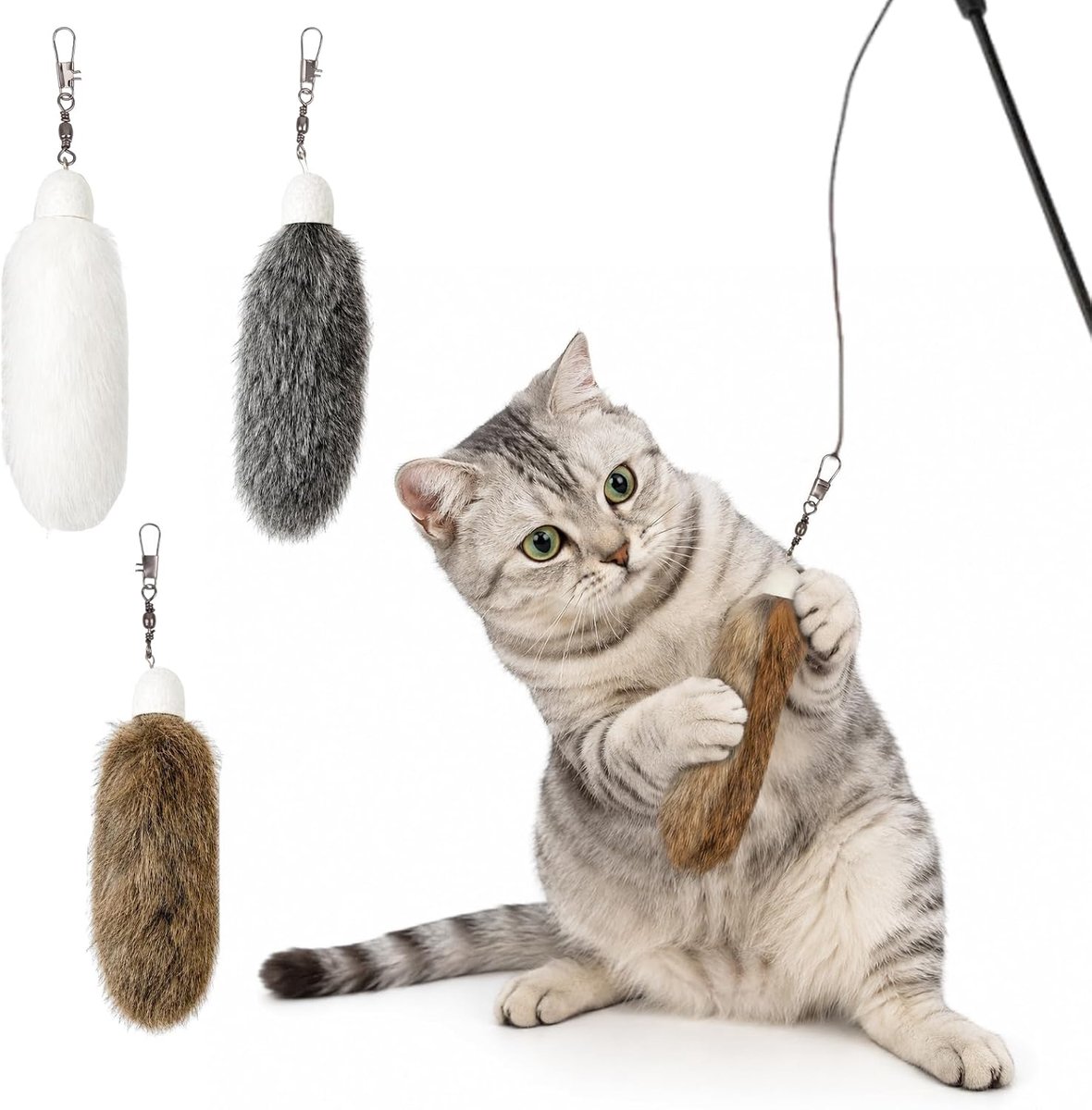 KZQ Kattenspeelgoed - Interactief set van 3 met echte konijnenbont vervangingskoppen - Stressverlagend, lichtgewicht, voor binnenkatten - Speeltijd, beweging en binding - 40 cm