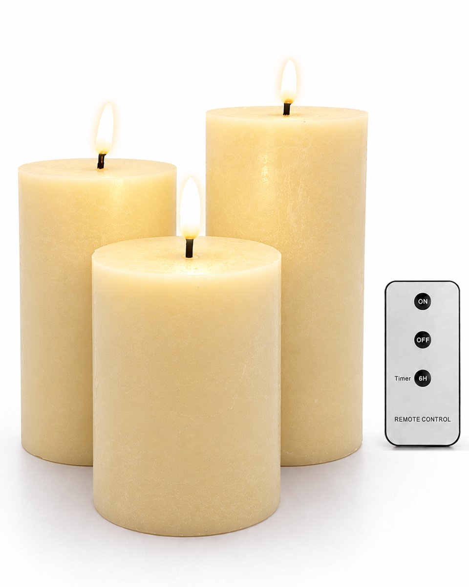 HEM LED Kaarsen Set 3 Stuks - Witte Stompkaarsen - Met Afstandsbediening & Timer - Realistisch Kaarsvet Effect - 12 cm Diameter - Inclusief HEM Microvezeldoekje