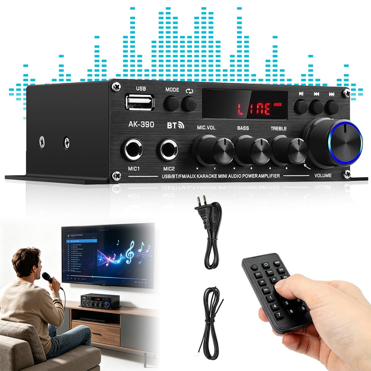 Bluetooth 5.0 Versterker - HiFi Stereo Versterker - Mini Audioversterker - 2.0 Kanaals - FM Radio - EQ 6 Standen - AUX/USB/RCA - 2 Microfoon - met Afstandsbediening - Voor Thuisbioscoop & Karaoke