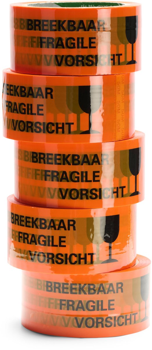 Breekbaar Tape 50 mm x 50 m – 75 Rollen – Oranje Waarschuwingstape Fragile / Vorsicht – Verpakkingstape