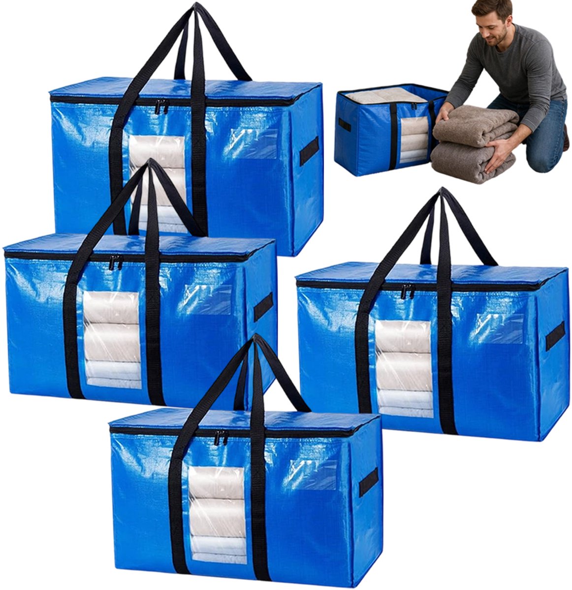 XXL Verhuistassen Set - Verhuis & Opbergtassen - Verhuiszakken - 4 Stuks - 100L - 72x41x35 cm - Stevig Handvat - Waterdicht - Transparant Venster & Labelvak - Opvouwbaar - Big Shopper Moving Bag - Voor Verhuizing & Opslag - Blauw