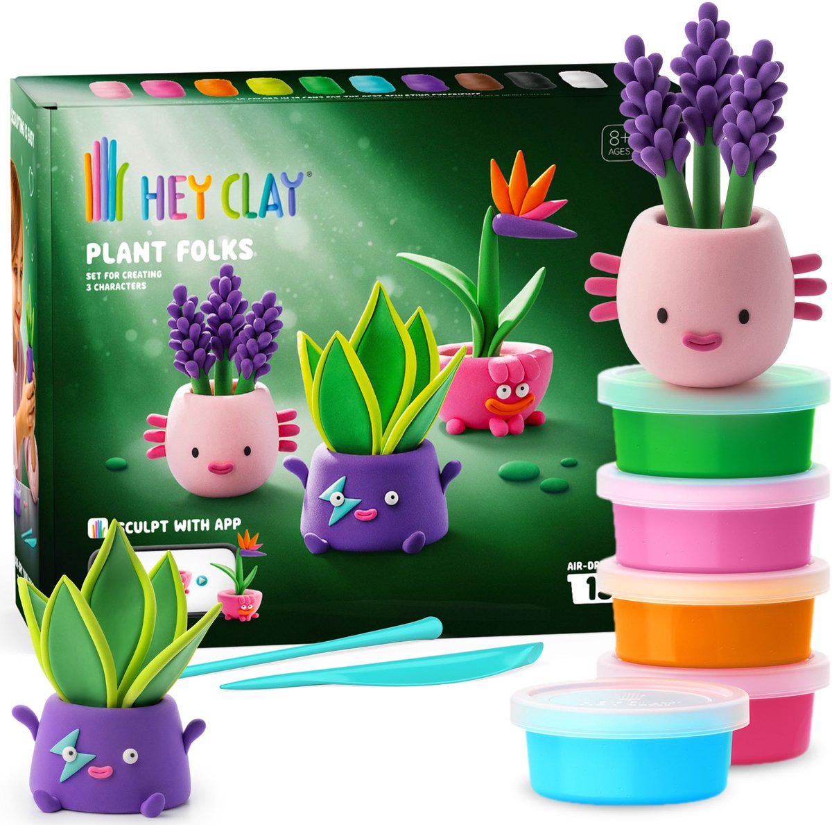 Hey Clay Groene Team Boetseerklei om mee te spelen + accessoires, 15 kleuren