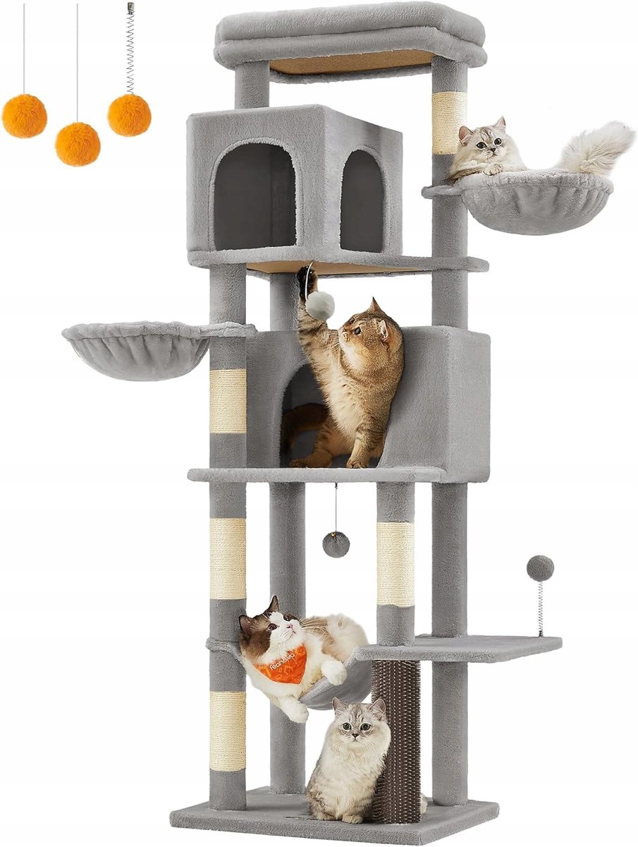 Grote Kattenkrabpaal 175cm, Grijs, met 2 Holletjes & Hamac