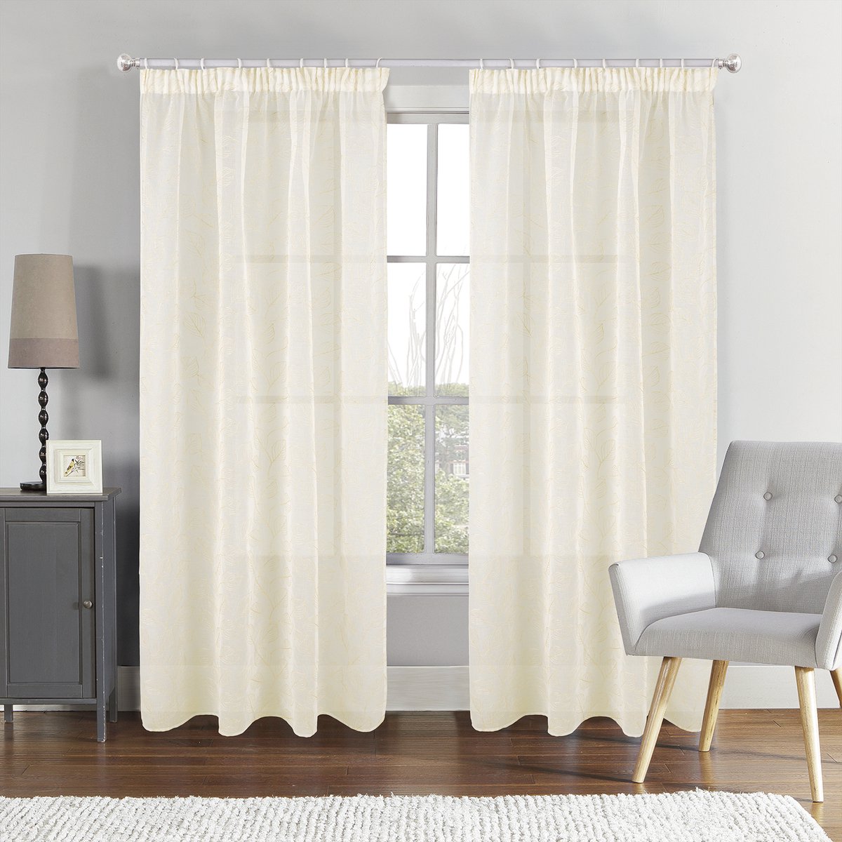 SB Line Vitrage Gordijn – 140x260 cm – Met Plooiband – Transparant met goud bladmotief – Ecru