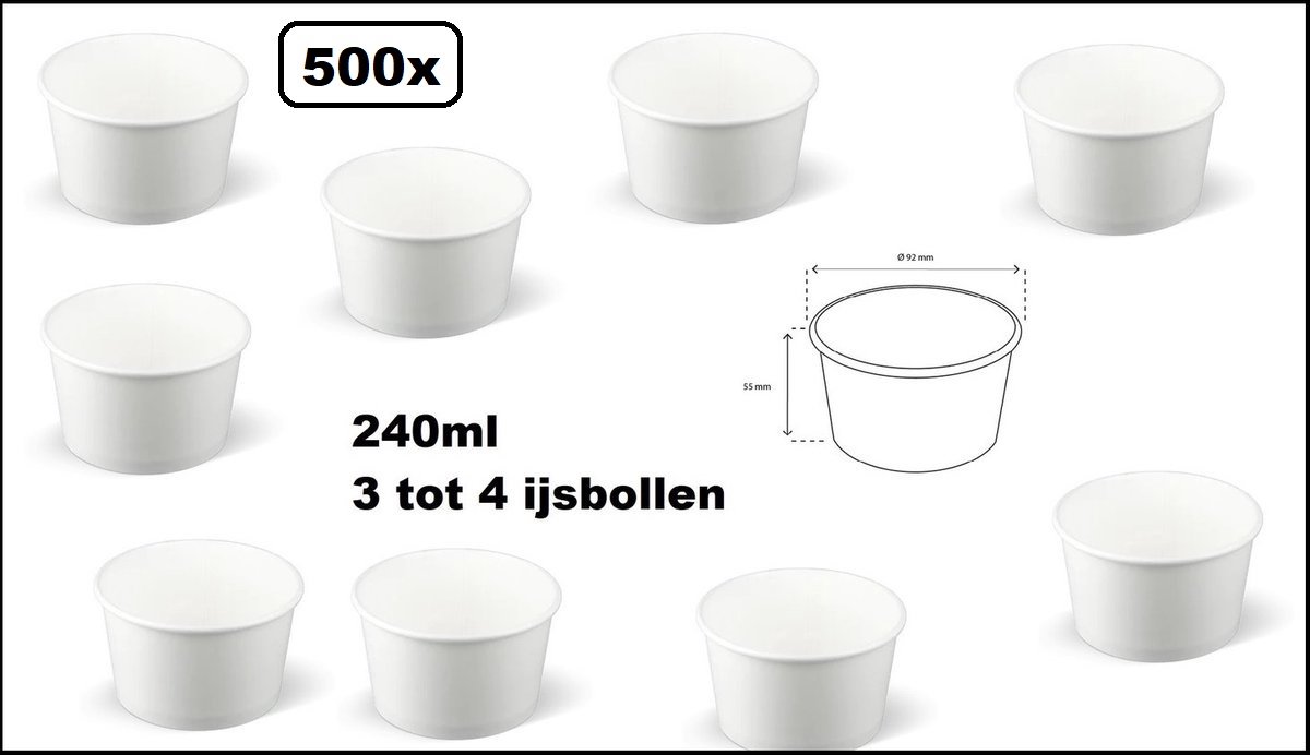 500 stuks IJsbeker wit 240ml karton - 3 a 4 bollen - IJs beker - Party schepijs softijs ijsje zomer festival thema feest