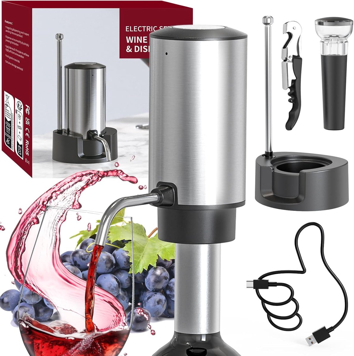 CIRCLE JOY Wine Aerator Electric Wine Aerator Pouring Spout Rechargeable One-Touch Wine Decanter with Storage Base - ShopVlot