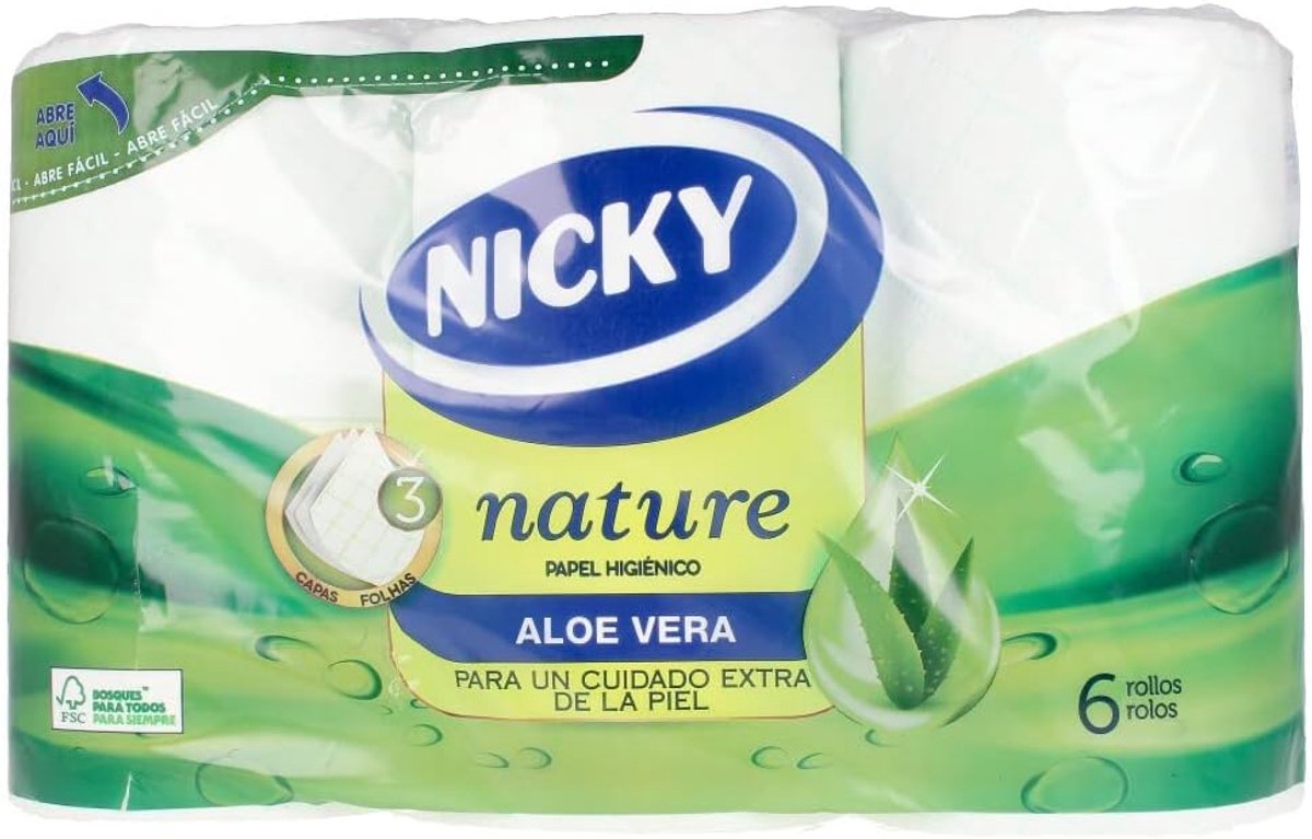 Nicky Nature Toiletpapier, 6 rollen, 3 lagen, 170 prestaties per rol. Verrijkt met Aloë Vera Lotion, Wit, 9,8 x 13 cm - ShopVlot