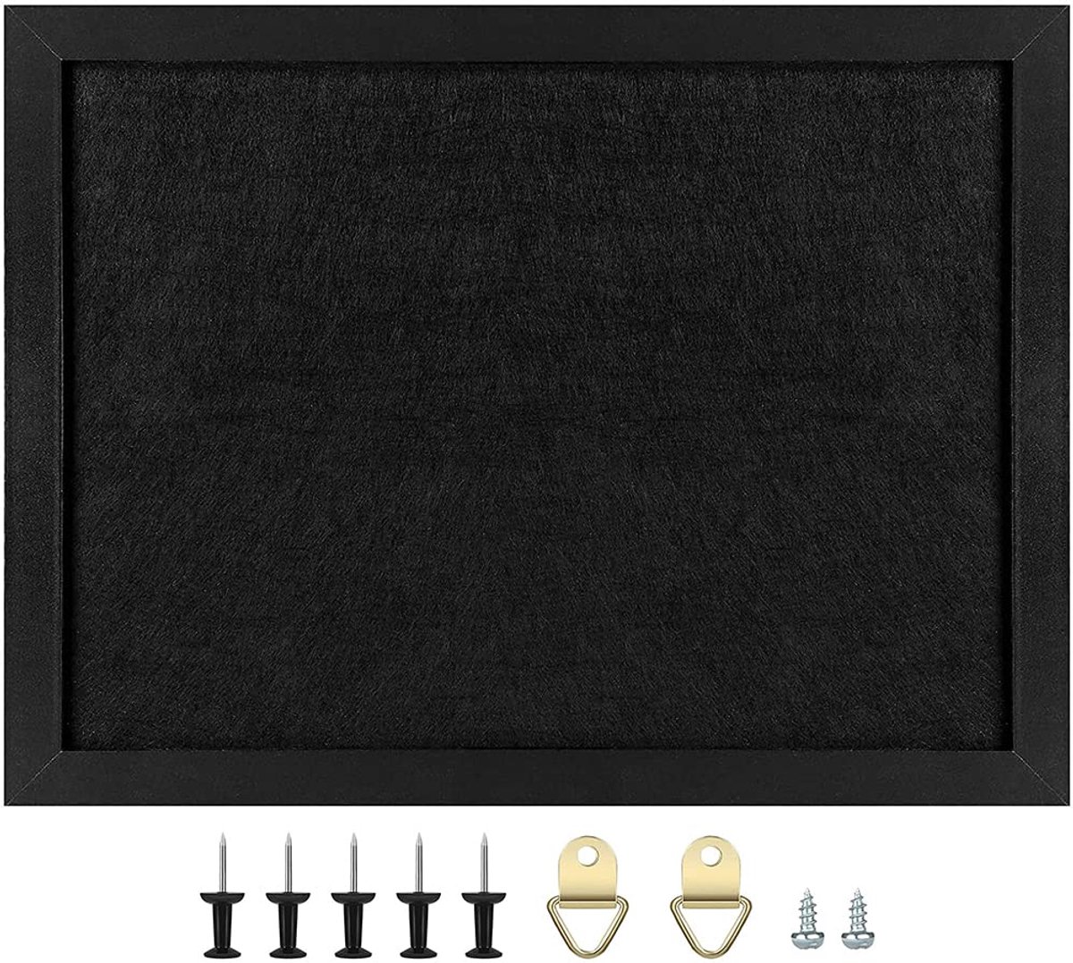 Famanu – Zwart prikbord met houten frame, 28 x 37 x 2 cm, vilten memoboard voor keuken, kantoor en huis, inclusief spelden