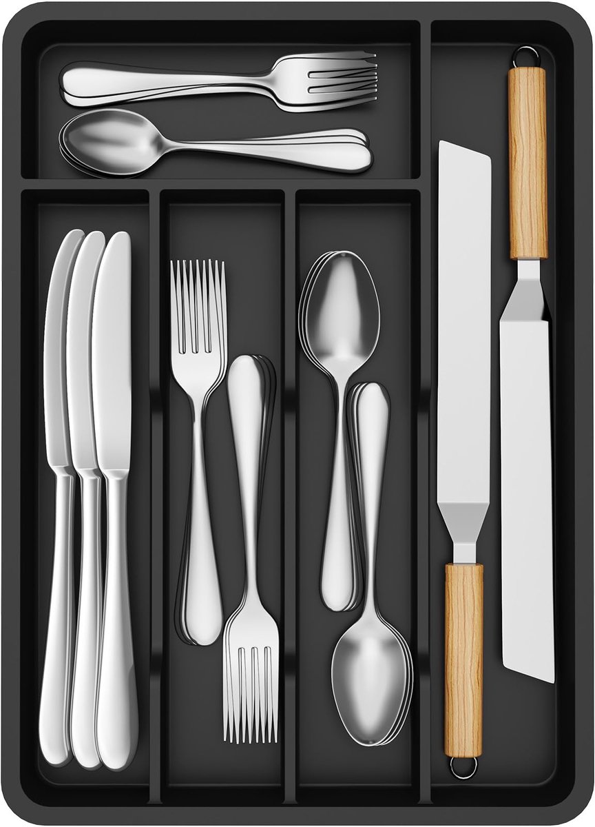 Famanu – Kleine bestekbak voor laden, 5 vakken, bestekorganizer van kunststof, 24 x 34 cm, ideaal voor lepels en vorken, zwart