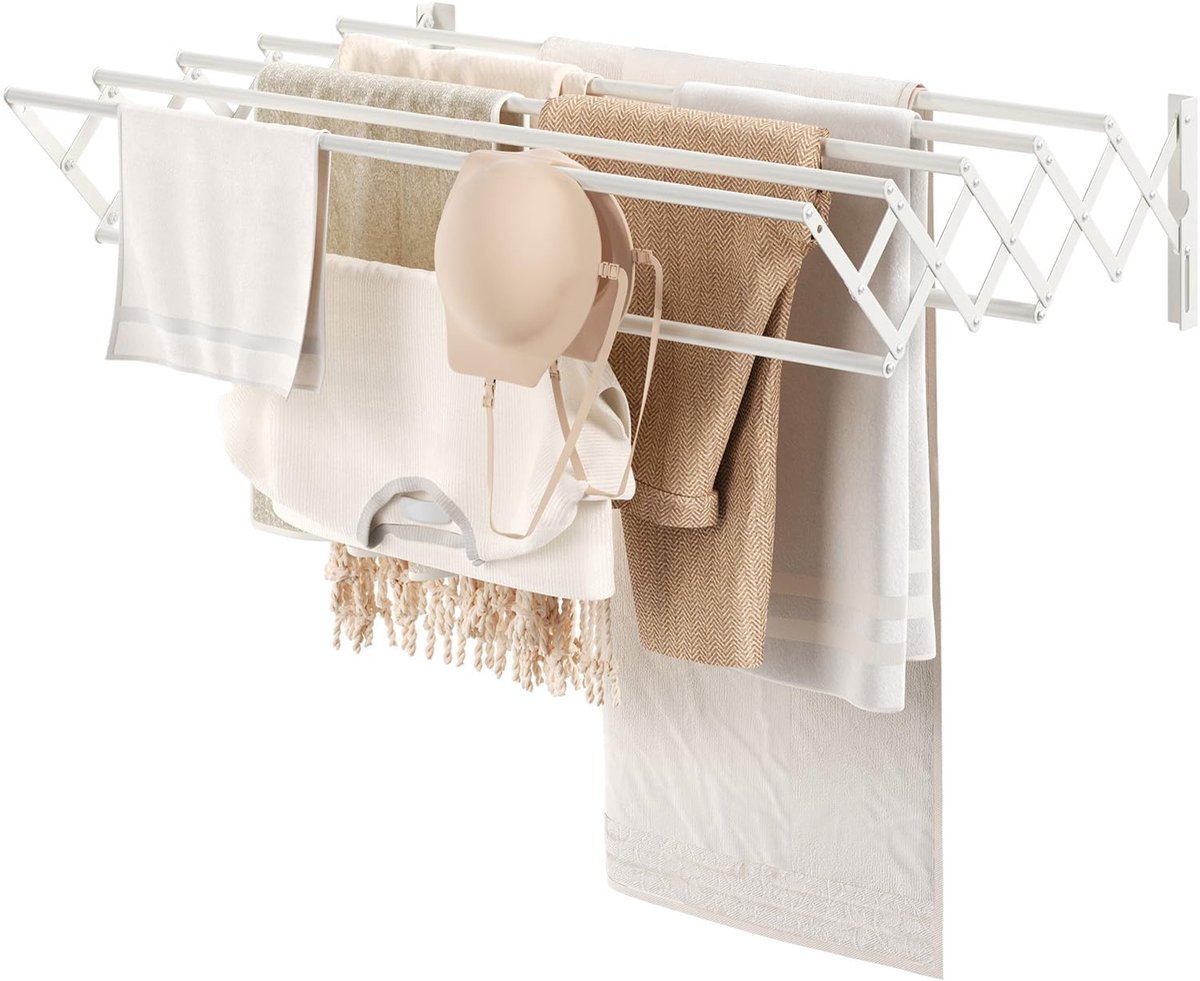 Famanu – Wandmontage droogrek, uittrekbaar met 7 stangen, ruimtebesparend droogrek voor wasruimte, handdoekhouder van metaal voor badkamer, 42-80 x 59 x 19 cm, wit