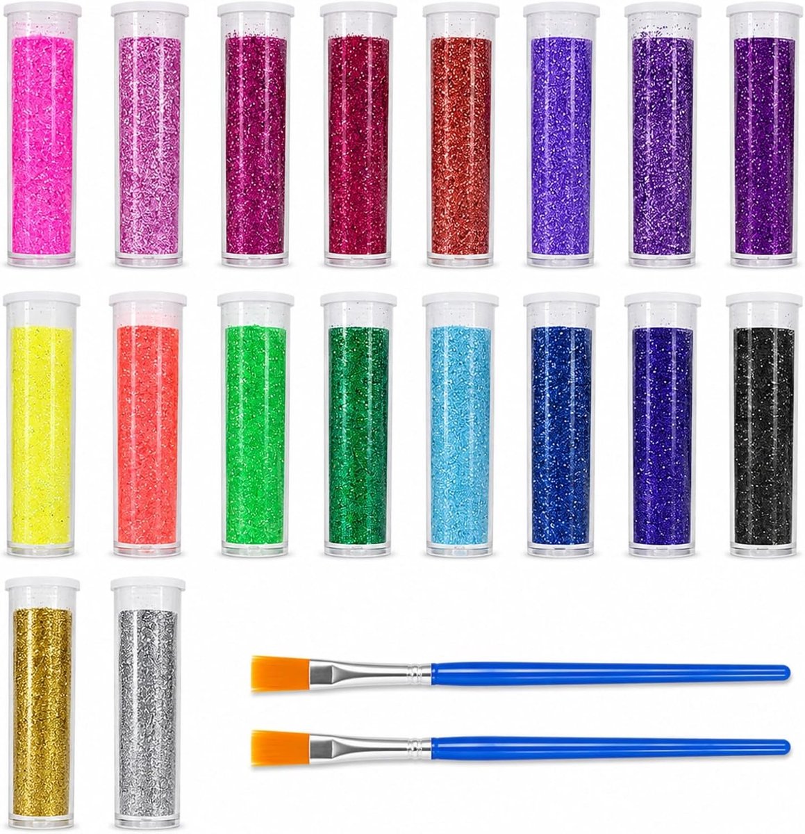 Glitter knutselen set 18 kleuren - metallic en effectkleuren - met 2 penselen - voor creatieve effecten - ShopVlot