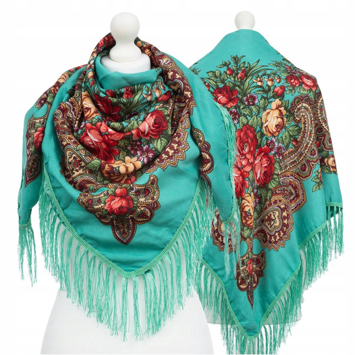 Dames Folk Sjaal met Franjes - Etnische Bloemenprint - Turquoise