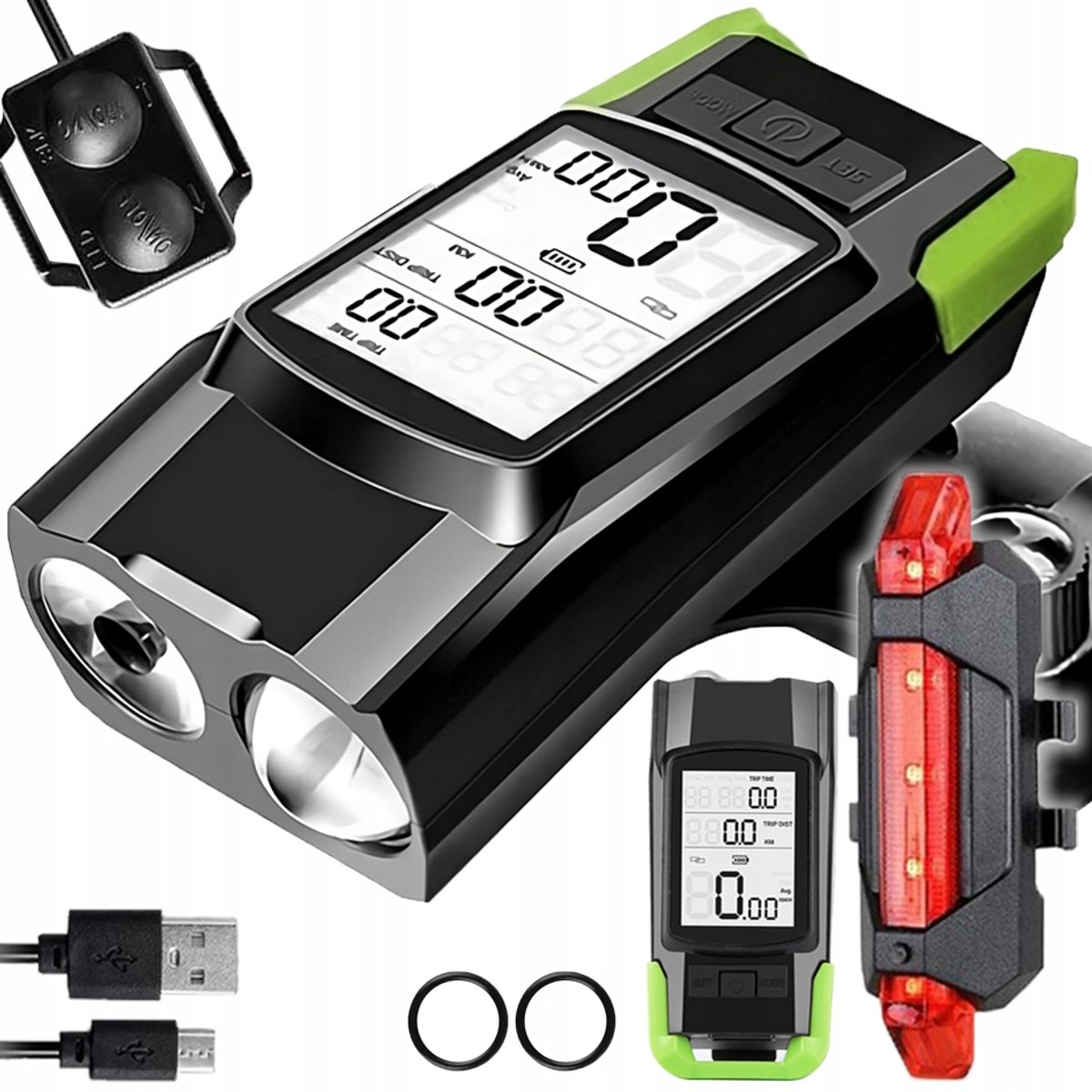 Fietsverlichting Set: Voorlamp, Achterlamp, Draadloze Fietscomputer & Bel