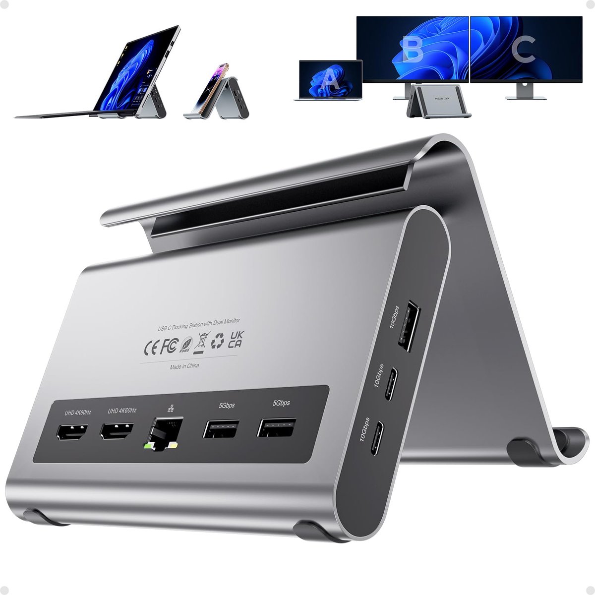 USB C docking station Dual Monitor 4K @60Hz - 6X USB-A/USB-C - Plug & Play - Ideaal voor multitasking - ShopVlot