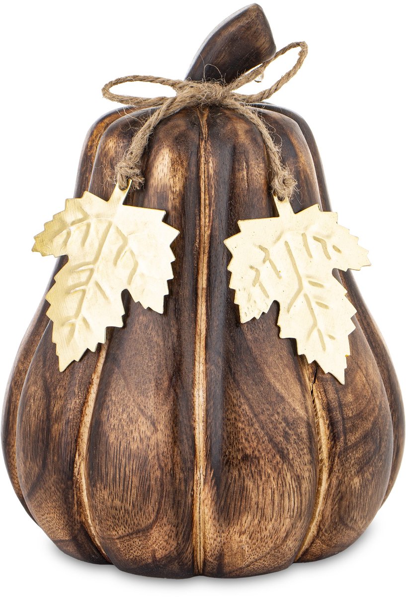 Houten Pompoen Decoratie Bruin met Gouden Bladeren - Herfst Sfeer