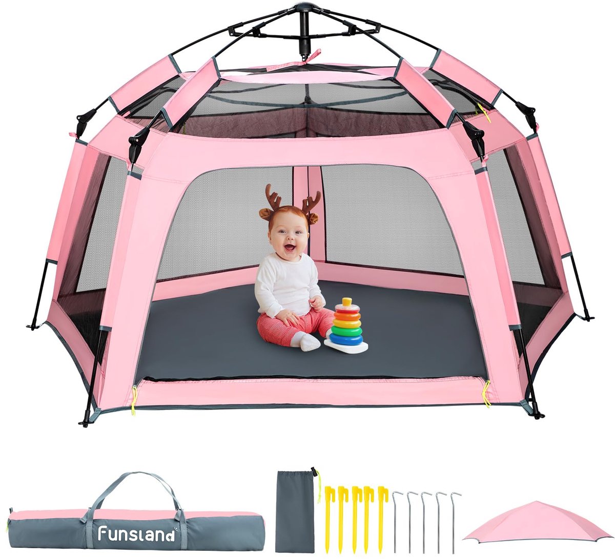 Babybox opvouwbaar 8S pop-up tent - roze - met ventilatieret en zonnedak - ideaal voor buitengebruik - ShopVlot