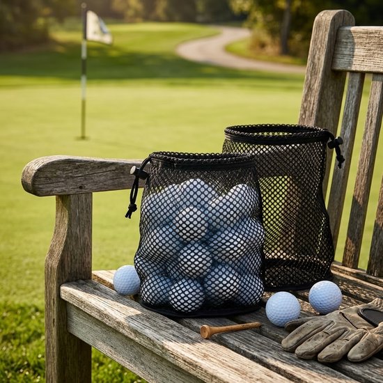 Zwarte golfbal tas middelgroot voor 25 golfballen – netstof opberg tas met trekkoord – golf ballen draag tas – golf accessoires voor heren en dames — afbeelding 4