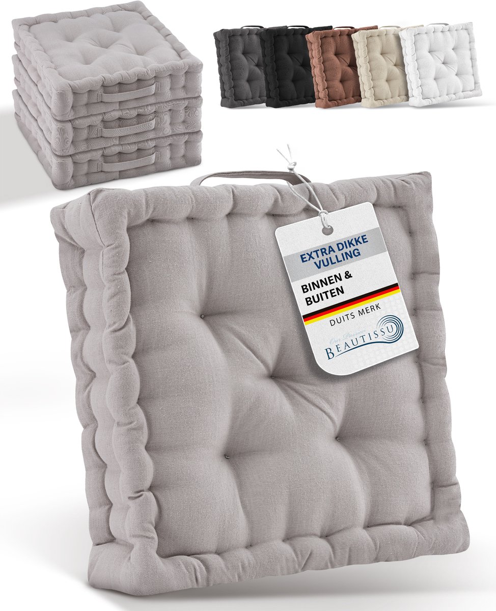 Beautissu Mila - Zitkussen Set van 4 Matraskussen 50x50x8 cm - vloerkussen met praktische draaggreep - kussen tupe Taupe
