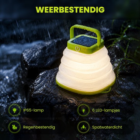 Tech Essentials Solar LED Lantaarn - Opvouwbaar - Groen - Tentlamp - Led Lamp Oplaadbaar - Kamperen - Nood - Storm - Hanglamp - Zonne Energie - USB-C — afbeelding 5