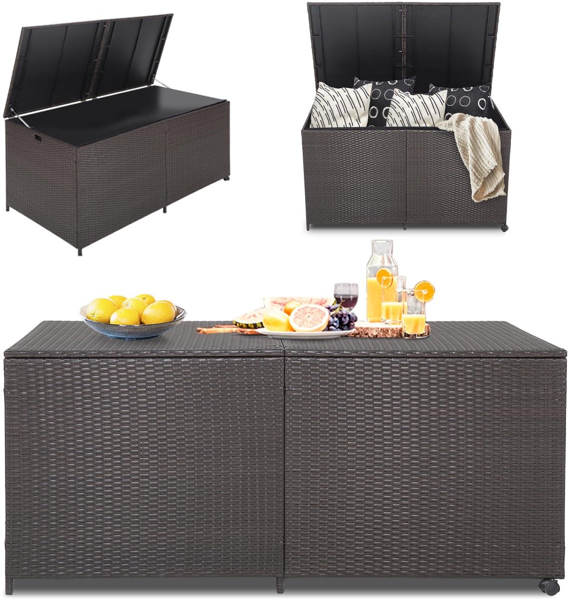 Famanu – Opbergdoos voor buiten, oprolbaar polyrotan tuinbox met handgrepen, opbergbox 150 x 77 x 72 cm, balkonbox met deksel en geventileerde opbergruimte