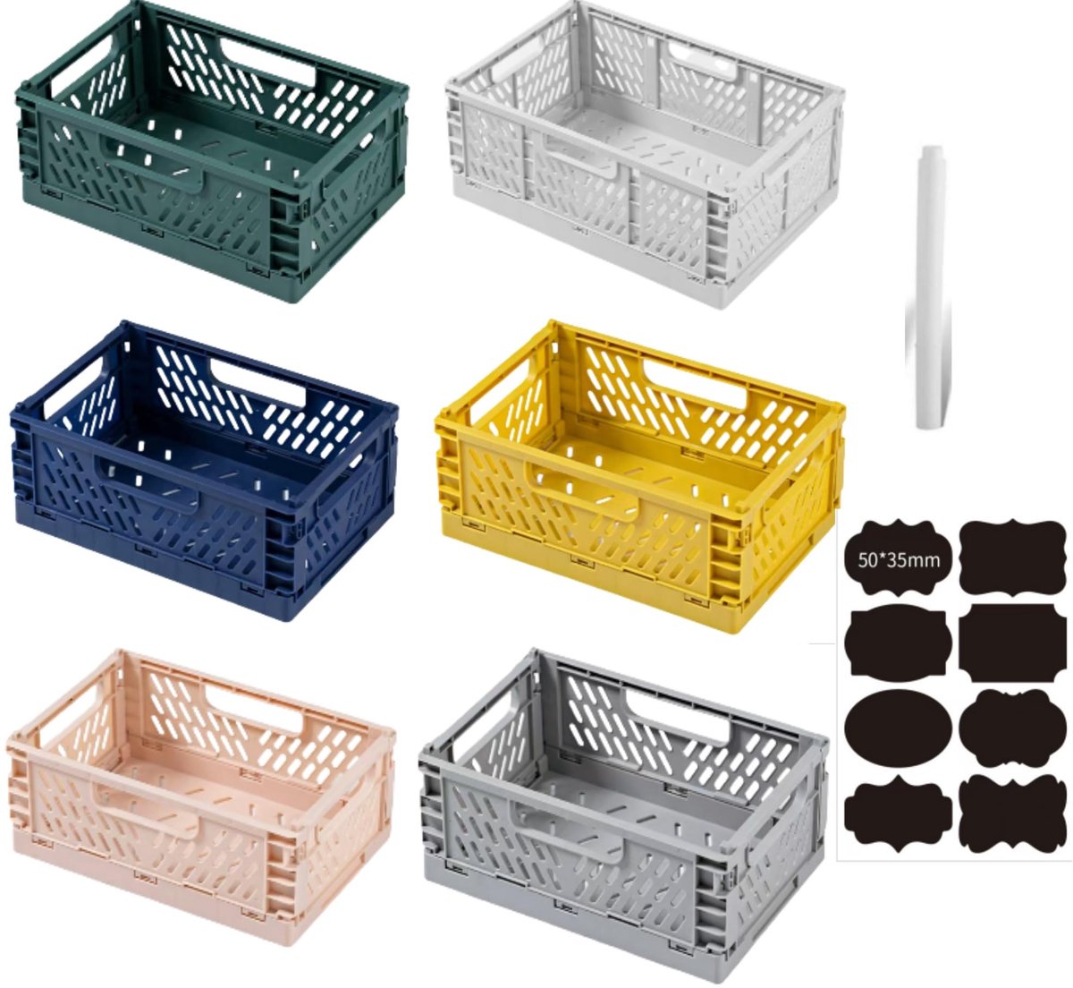 Famanu – Set van 6 grote opvouwbare opbergdozen in zes kleuren, kunststof vouwdozen, stapelbare plastic opbergkratten, 25 x 16 x 10 cm, voor thuis, klaslokaal en kantoor