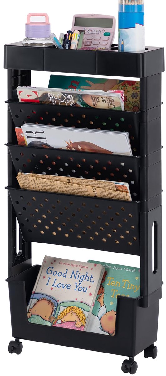 Famanu – Mobiele boekenplank met wielen, kleine rollende boekenkast opbergtrolley, 5-laags slanke boekenkast voor woonkamer, slaapkamer of kantoor, kleur zwart