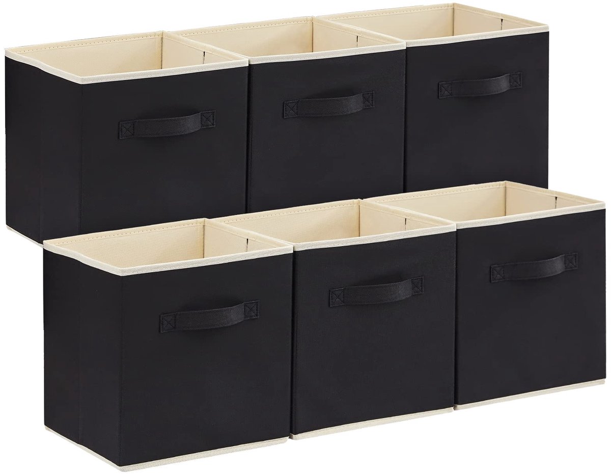 Famanu – Set van 6 inklapbare kubus opbergdozen, decoratieve opbergmanden, middelgrote opbergkratten met handgrepen, 33 x 33 x 33 cm, zwart