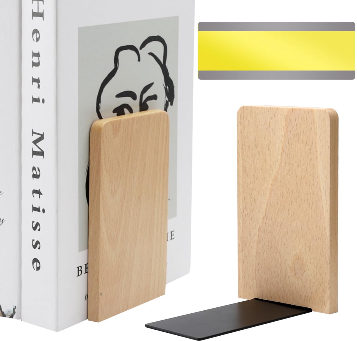 Famanu 2 stuks houten boekensteunen met 1 bladwijzer, beukenhouten boekensteunen voor zware boeken, ideaal voor thuis en kantoor Naturel