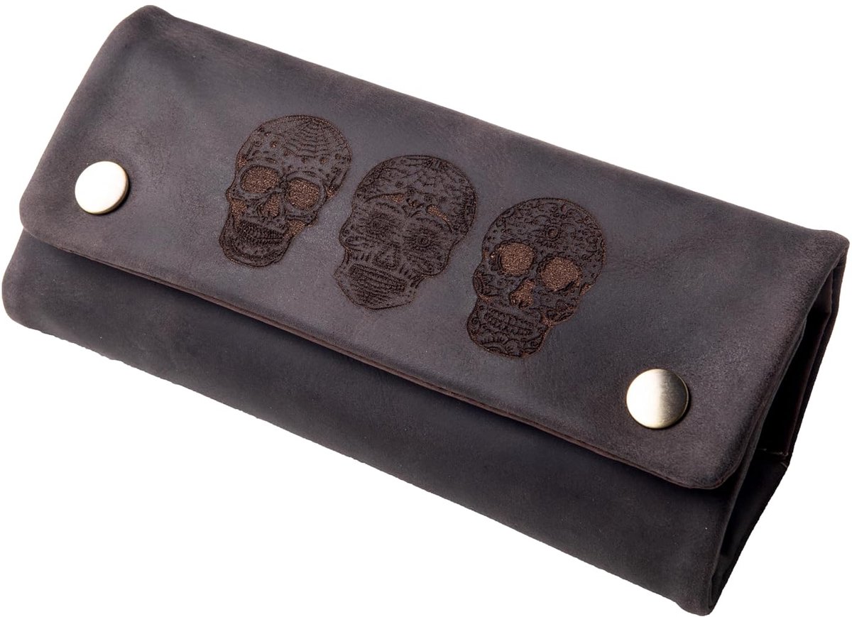 ANDERS Genuine leather tobacco bag with three skull engraving, press studs, brown - ShopVlot