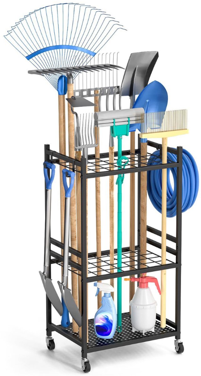 Livista Verrijdbaar Gereedschapsrek – Gereedschap Organizer voor Tuingereedschap – Max. 53 kg – Verplaatsbare Haken – 360° Wielen – voor Garage, Schuur en Berging