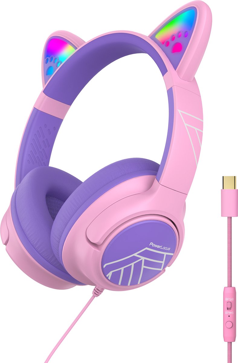 PowerLocus Bobo – USB-C Kinder Koptelefoon met Draad - Koptelefoon voor kinderen - Veilig volume van 85dB en 94dB - Katten Oortjes - Led Verlichting - Met microfoon – Stickers – Paars/Roze