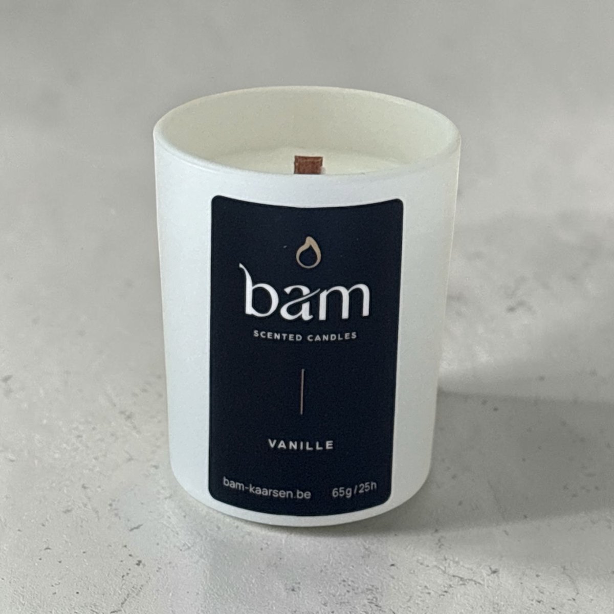 Bam Mini Vanille Geurkaars – Vanilla Kaars met Houten Wiek – Vegan Geurkaars van Zonnebloemwas – 25 Branduren – Handgemaakt in België wit