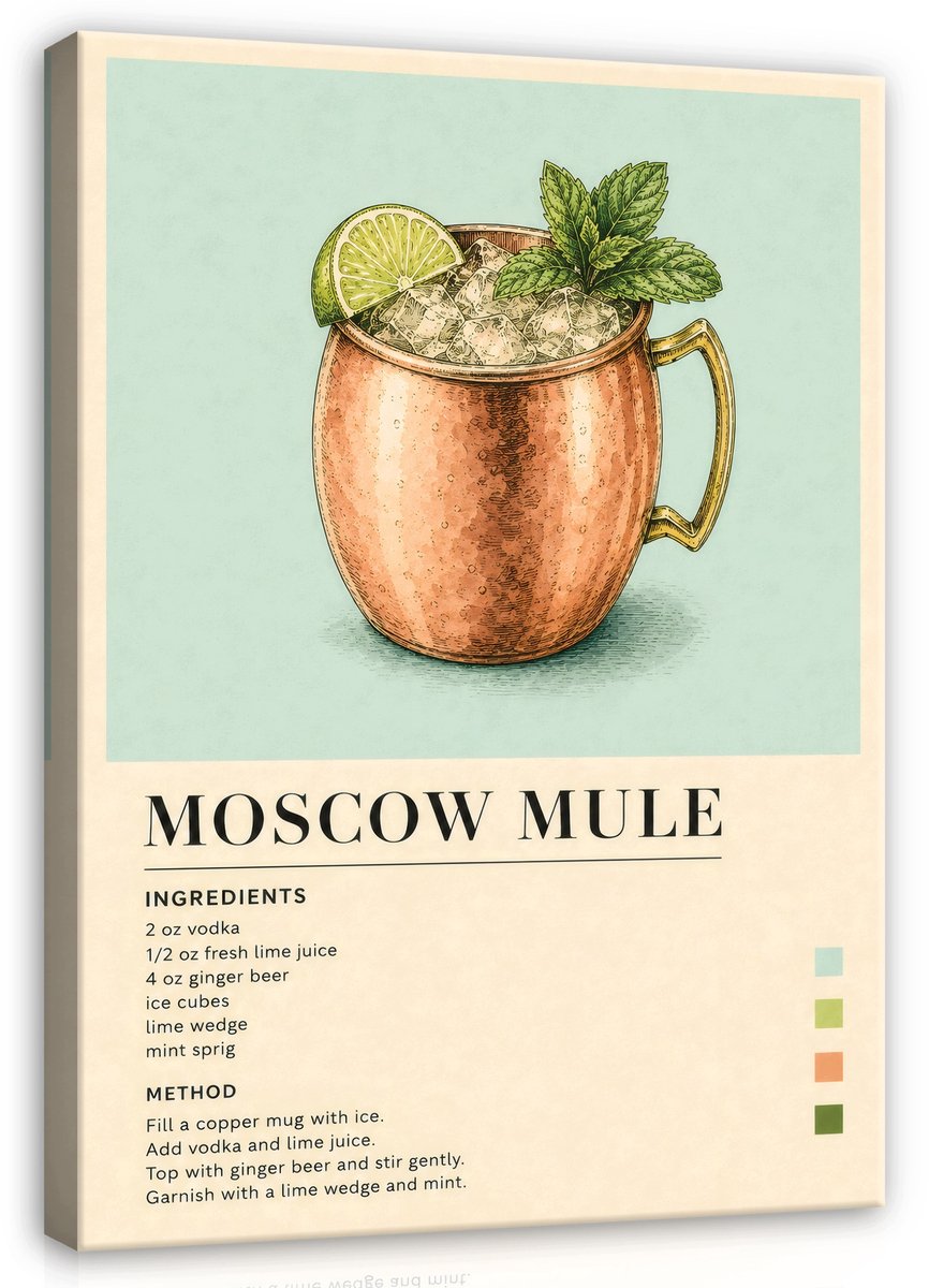 WALLARENA Schilderij op canvas - 120x80 cm - Moscow Mule cocktailrecept in retrostijl - keuken wanddecoratie en bar decoratie Beige