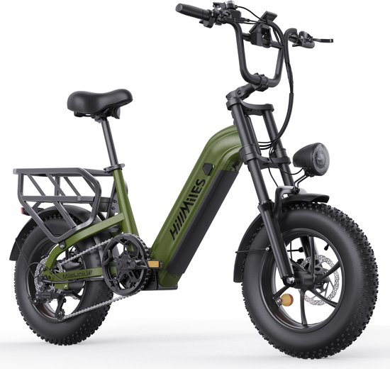 HillMiles MileLink 1 Elektrische fiets 250W 65Nm koppel, 25 km/u, 48V 18Ah accu, 16×4 brede banden, hydraulische remmen, achterdrager voor zware lading, stads‑ en terreinfiets, inclusief kinderfietszitje en voormand‑set, groen — afbeelding 2