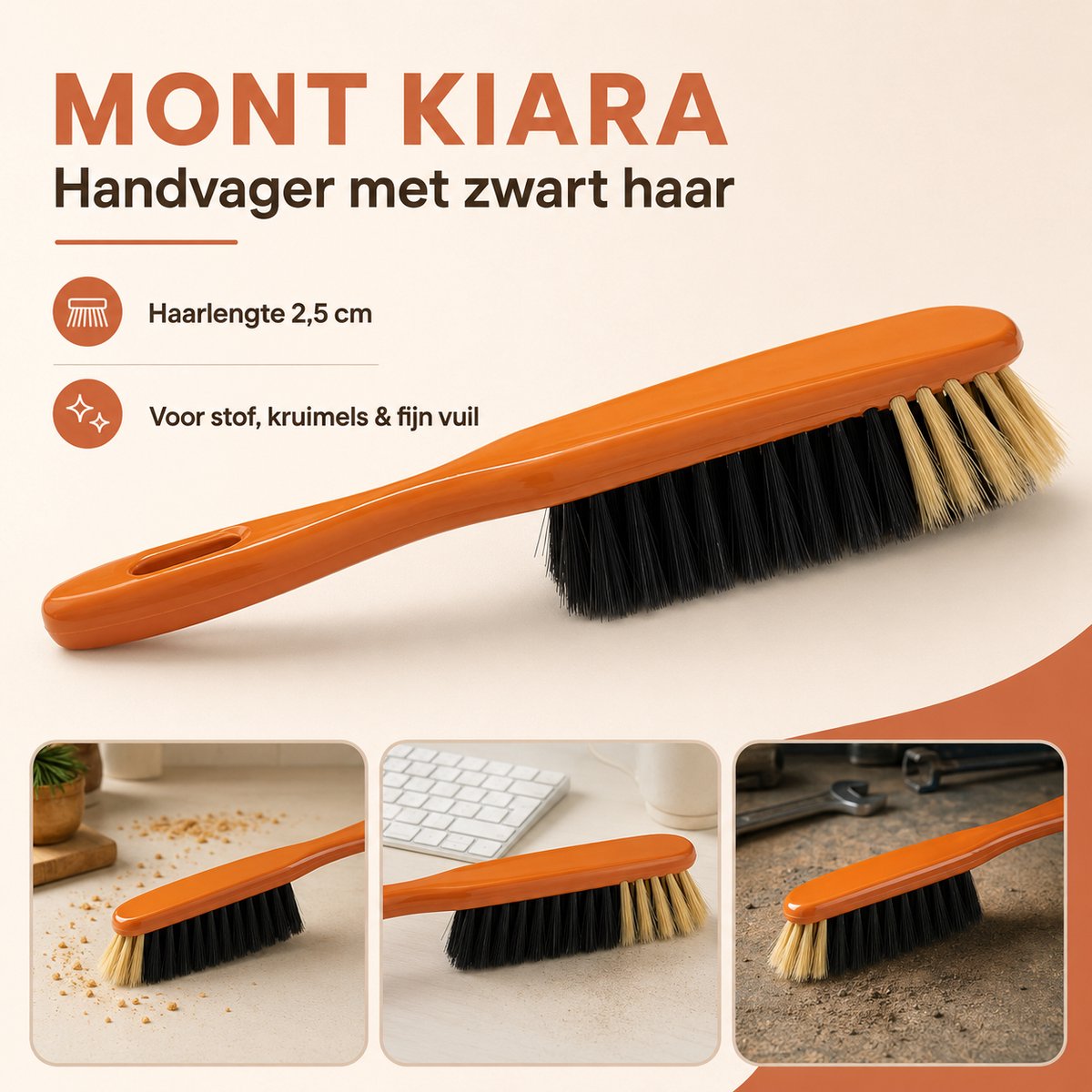 Mont Kiara Handveger met Zwart Haar – Handborstel met 2,5 cm Lange Borstelharen – Voor Stof, Kruimels en Fijn Vuil